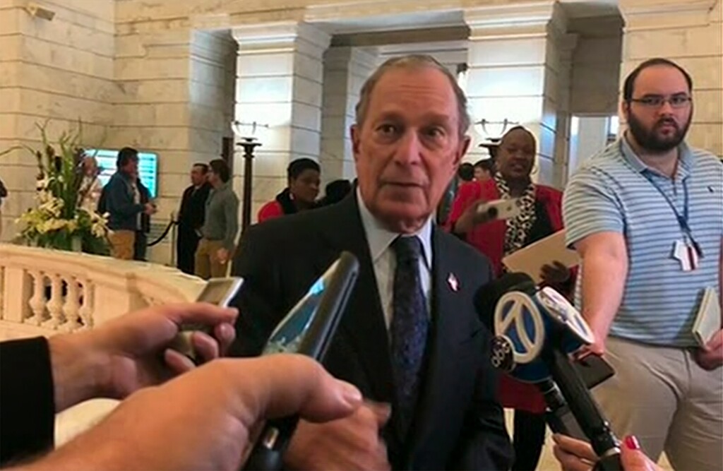 Former New York City Mayor Michael Bloomberg talks to the media after filing paperwork to appear on the ballot in Arkansas' March 3 presidential primary, Tuesday, Nov. 12, 2019 in Little Rock, Ark. Bloomberg hasn't formally announced a bid for the Democratic presidential nomination, but his trip to Arkansas on Tuesday is the latest indication that he is leaning toward a run. (AP Photo/APTN)