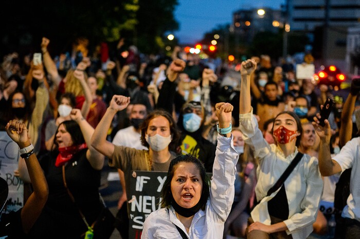(Trent Nelson  |  The Salt Lake Tribune) Protesters march through Salt Lake City on Monday, June 1, 2020.