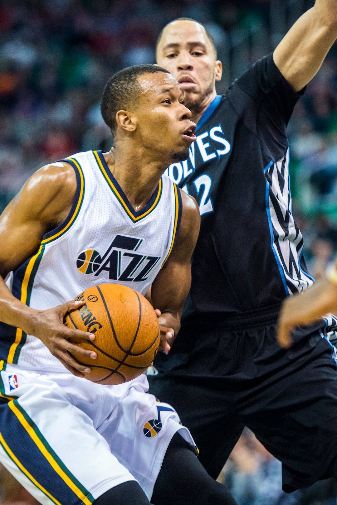 Chris Detrick  |  The Salt Lake TribuneUtah Jazz guard Rodney Hood (5) runs around Minnesota Timberwolves forward Tayshaun Prince (12) during the game at Vivint Smart Home Arena Friday January 29, 2016. 