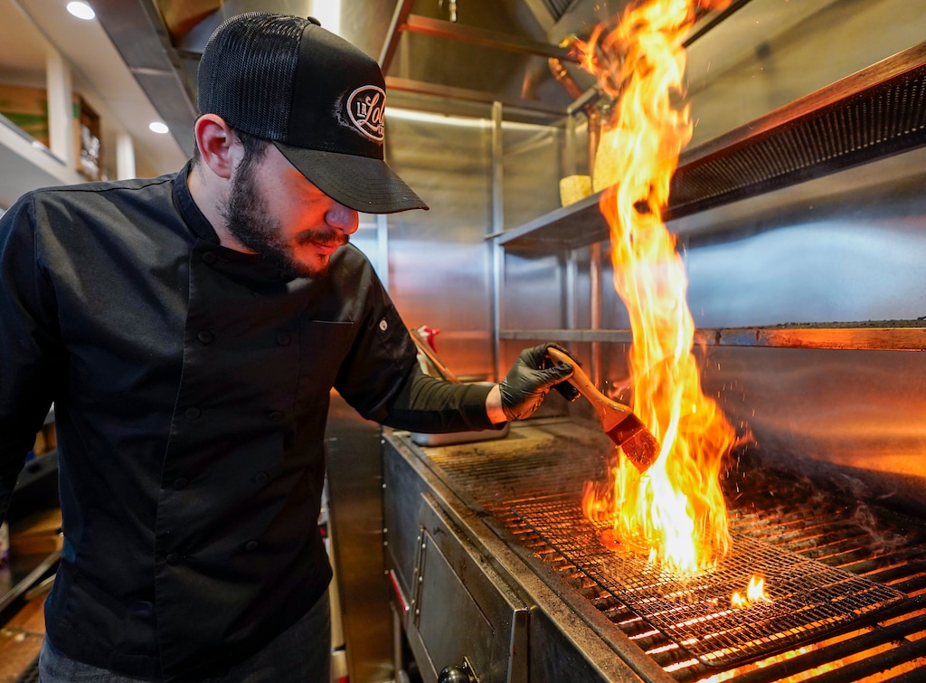 (Chris Samuels | The Salt Lake Tribune) Shrimp is grilled at LA Lola Taco in Murray, Tuesday, Feb. 17, 2026.