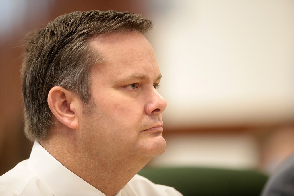 (John Roark/Post Register via AP, POOL) Chad Daybell listens during his preliminary hearing in St. Anthony, Idaho, on Tuesday, Aug. 4, 2020.