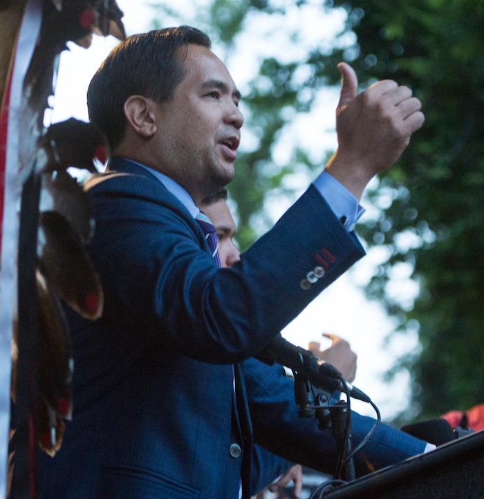 (Rick Egan  |  The Salt Lake Tribune)  Utah  Attorney General, Sean Reyes, tries to speak as the crowd drowns out his speech with chants and boo's as supporters gathered at the City and County Building for the Charlottesville Va. solidarity rally, hosted by Utah League of Native American Voters, Monday, August 14, 2017.



