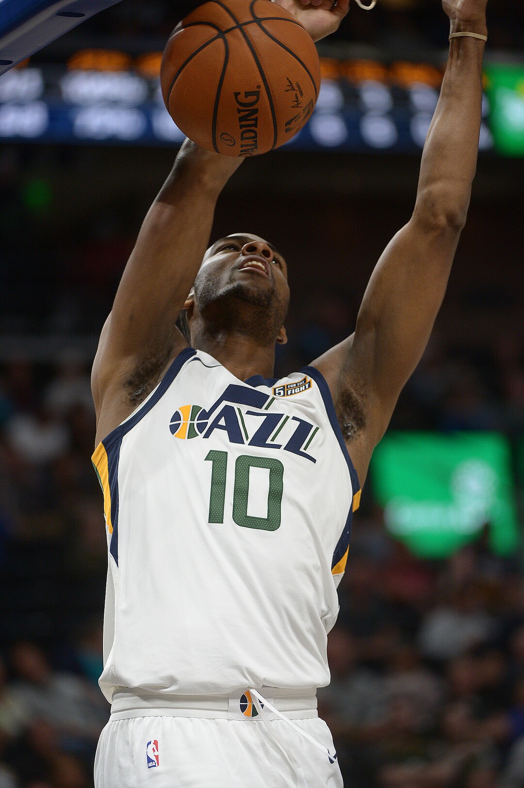 (Leah Hogsten  |  The Salt Lake Tribune) Utah Jazz guard Alec Burks (10) makes a dunk as the Utah Jazz host the Phoenix Suns during preseason NBA basketball at Vivint Smart Home Arena in Salt Lake City, October 6, 2017.