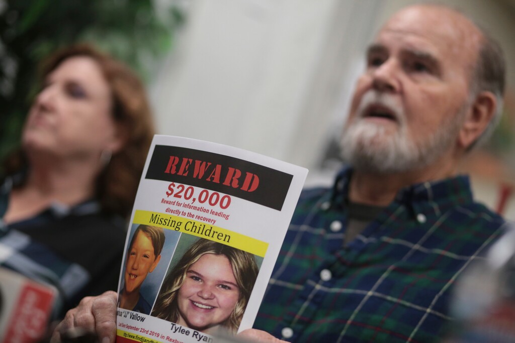 (John Roark | The Idaho Post-Register via AP) In this Tuesday, Jan. 7, 2020 file photo Kay and Larry Woodcock speak to members of the media at the Rexburg Standard Journal Newspaper in Rexburg, Idaho. The Woodcocks are offering $20,000 for information that leads to the recovery of Joshua Vallow and Tylee Ryan, who were last seen in September 2019. Their mother, Lori Vallow, also known as Lori Daybell, 47, was arrested Thursday, Feb. 20, 2020, in Hawaii on a warrant issued by Madison County, Idaho, and was being held on $5-million bail.