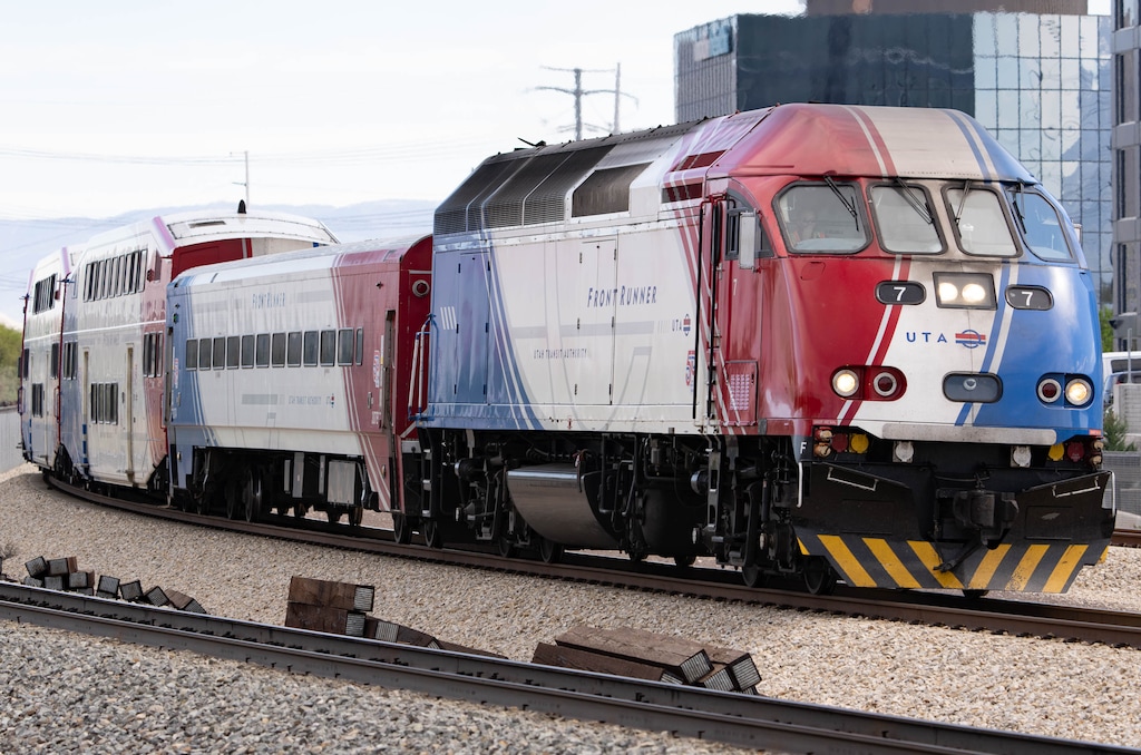 (Francisco Kjolseth | The Salt Lake Tribune) The FrontRunner commuter train leaves the South Jordan Station on Thursday, May 6, 2021. Utah’s U.S. House members released the list of projects they want to earmark funding for. The one all four agreed on was a request for $5 million to expand service on FrontRunner commuter trains.
