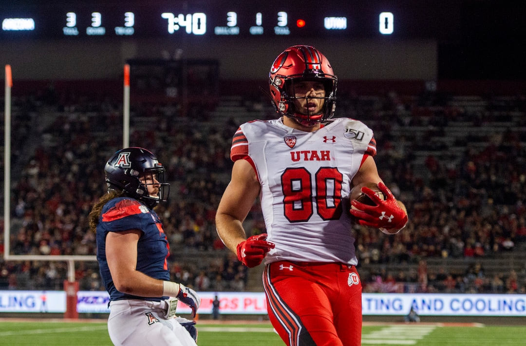(Rick Egan  |  The Salt Lake Tribune)     Utah tight end Brant Kuithe (80) scores a touchdown for the Utes, in PAC-12 action between the Utah Utes and the Arizona Wildcats in Tucson, Saturday, Nov. 23, 2019.