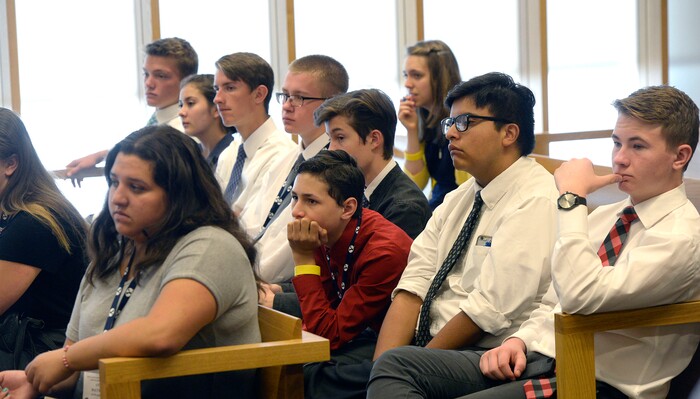 (Al Hartmann | The Salt Lake Tribune)
High School students serving as members of a jury listen to proceedings in a mock trial in Judge David Nuffer's federal courtroom in Salt Lake City Wednesday Aug.22. It's part of a Civics, Law and Leadership Camp. The camp, a pilot project of Brigham Young University’s J. Reuben Clark Law School and the Federal Bar Association, is designed to prepare youths for civic leadership and service.
