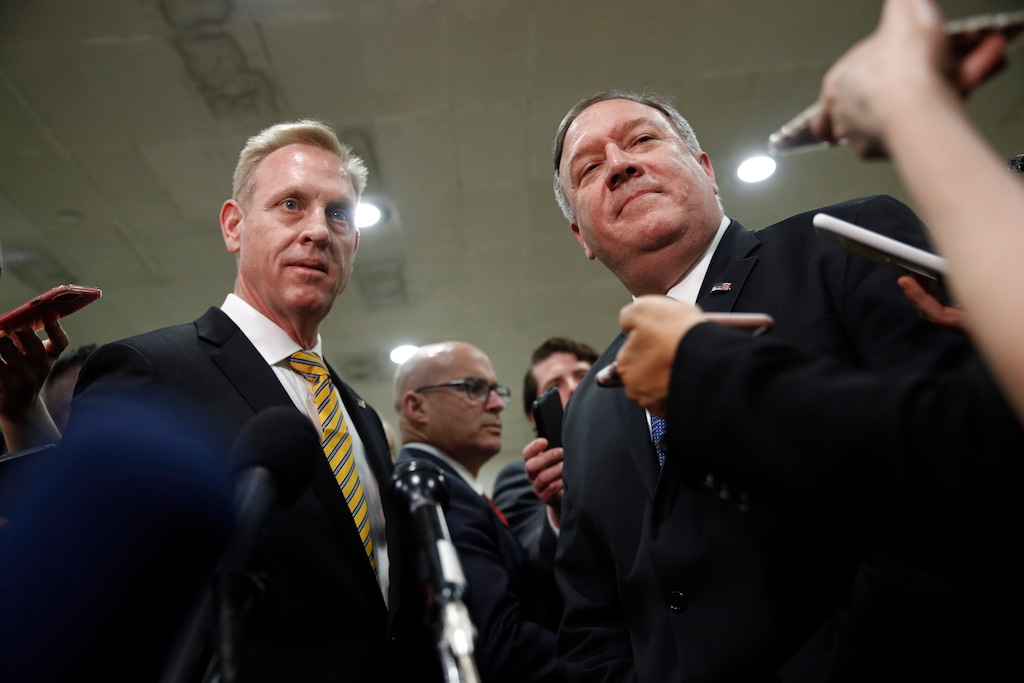 (Patrick Semansky | The Associated Press) Acting Defense Secretary Patrick Shanahan, left, and Secretary of State Mike Pompeo speak to members of the media after a classified briefing for members of Congress on Iran, Tuesday, May 21, 2019, on Capitol Hill in Washington.