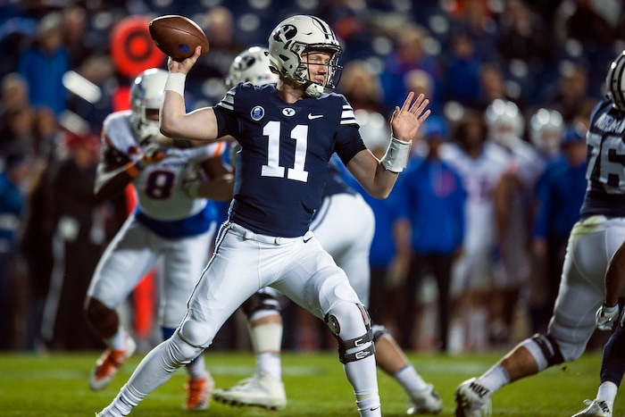 (Chris Detrick  |  The Salt Lake Tribune)  Brigham Young Cougars quarterback Joe Critchlow (11) throws during the game LaVell Edwards Stadium Friday, October 6, 2017. Boise State Broncos defeated Brigham Young Cougars 24-7.