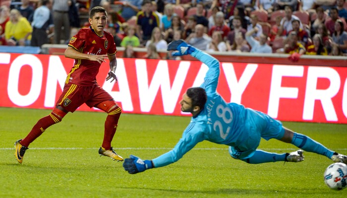 (Steve Griffin | The Salt Lake Tribune) Real Salt Lake forward Juan Martinez (7) gets a shot past San Jose goal keeper Andrew Tarbell but the ball sails wide during the match at Rio Tinto Stadium in Sandy Wednesday August 23, 2017.