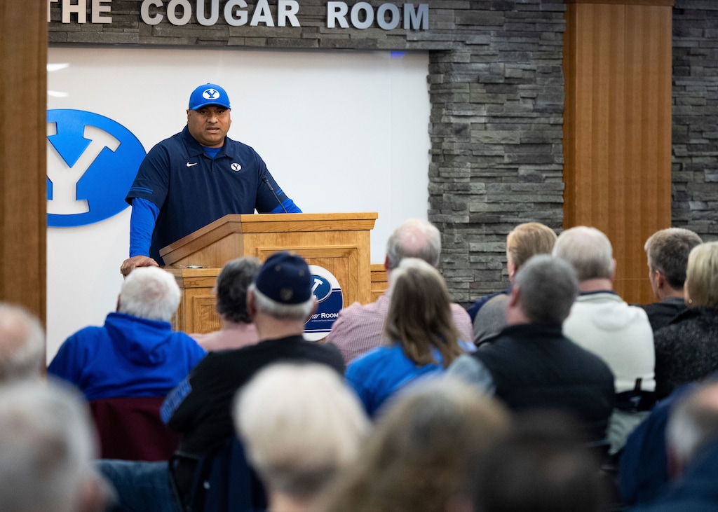 BYU head coach Kalani Sitake address "The Cougar Room" inside BYU's LeVell Edwards Stadium on National Signing Day this February, 2022.