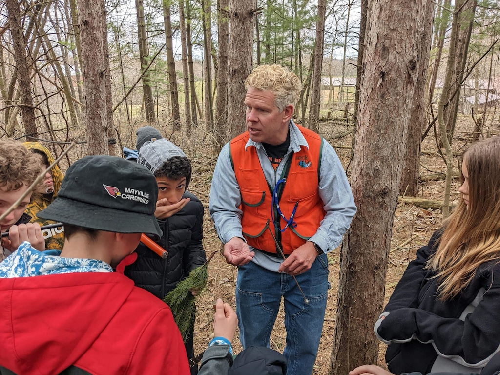 (Photo by Gage Bleecker) 

J. Bradley Washa teaching forestry at Mayville Elementary School's Sixth Grade Environmental Camp held Camp Anokijig near Plymouth, Wisconsin, in April 2022.