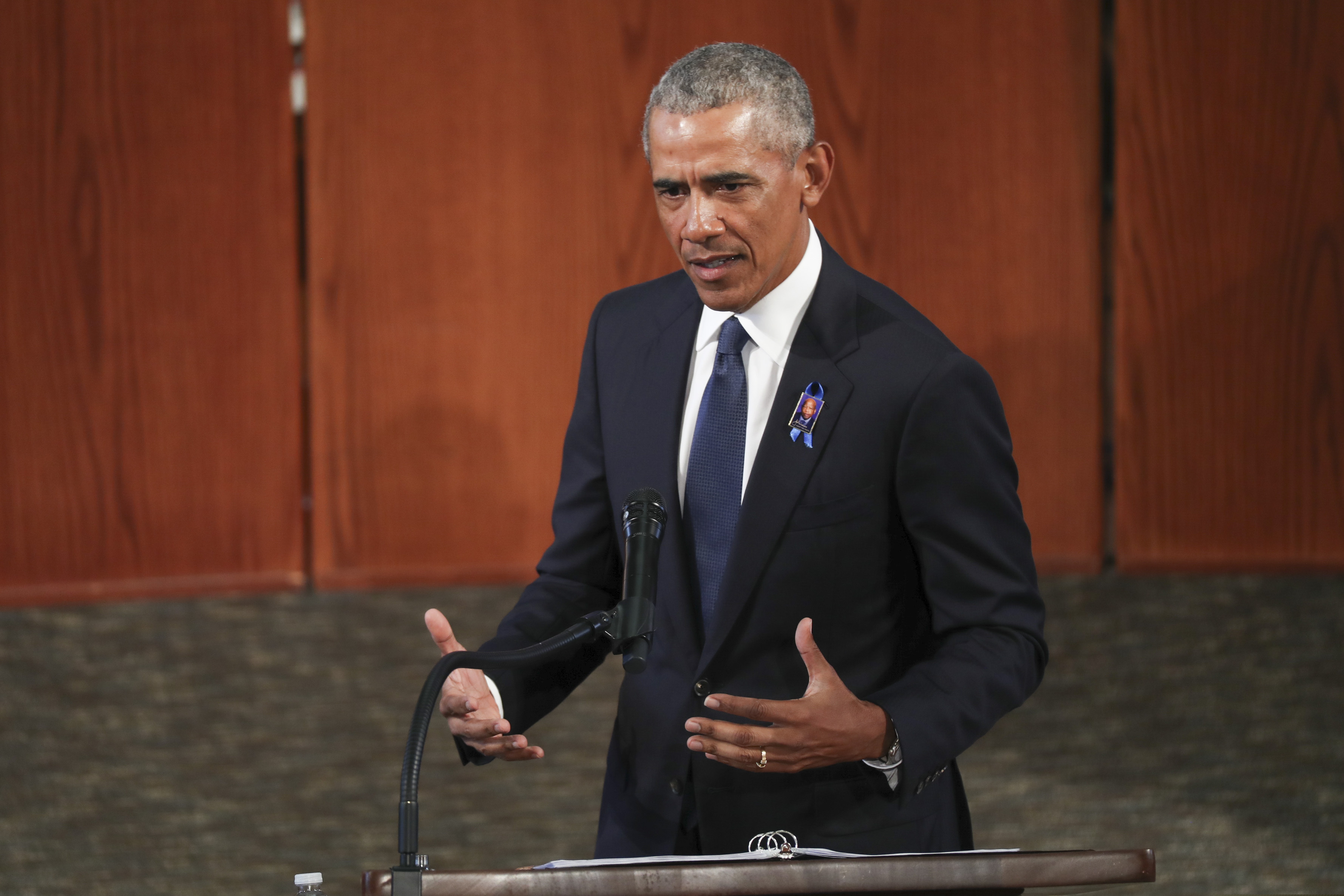 Former President Barack Obama, addresses the service during the funeral for the late Rep. John Lewis, D-Ga., at Ebenezer Baptist Church in Atlanta, Thursday, July 30, 2020. (Alyssa Pointer/Atlanta Journal-Constitution via AP, Pool)