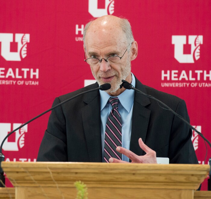 (Rick Egan  |  The Salt Lake Tribune)   Robert Paine III  says a few words after the University of Utah named Paine one of six new Jon M. Huntsman Presidential Chairs, funded by the Huntsman Family Foundation, during a ceremony at the Alumni House, Tuesday, June 19, 2018.


