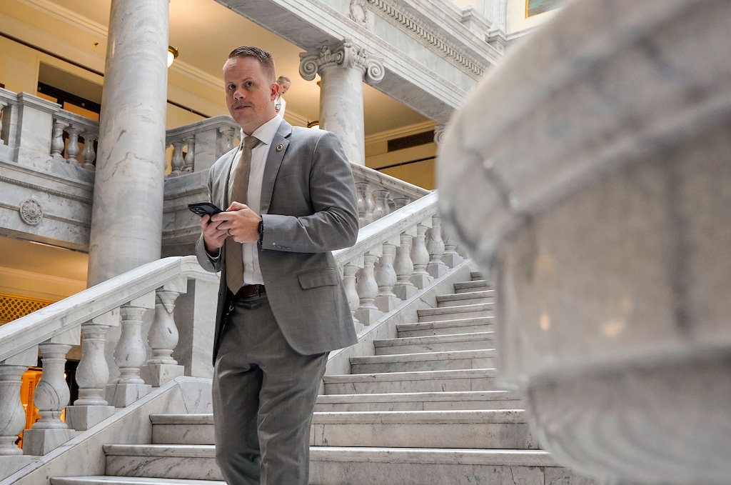 (Chris Samuels | The Salt Lake Tribune) Rep. Trevor Lee, R-Layton, exits the House of Representatives during the 2024 legislative session at the Capitol, Tuesday, Jan. 16, 2024. Lee's recent social media post of a video of Utah Muslims observing the Islamic tradition of Arba’in created a firestorm online.