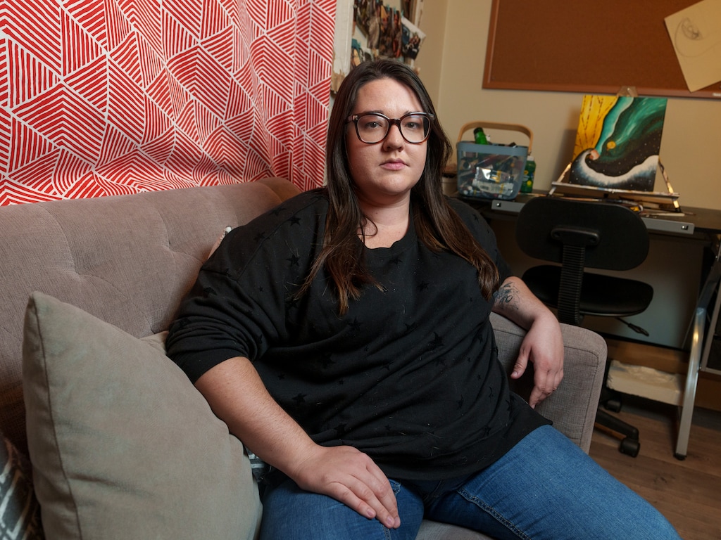 (Leah Hogsten | The Salt Lake Tribune) "This is my favorite room in the house," said Katie Wilson of her craft room, Nov 29, 2021, where she paints transformational scenes with acrylics on canvas to help process emotions after she reported being sexually assaulted as a student at Brigham Young University in 2015.