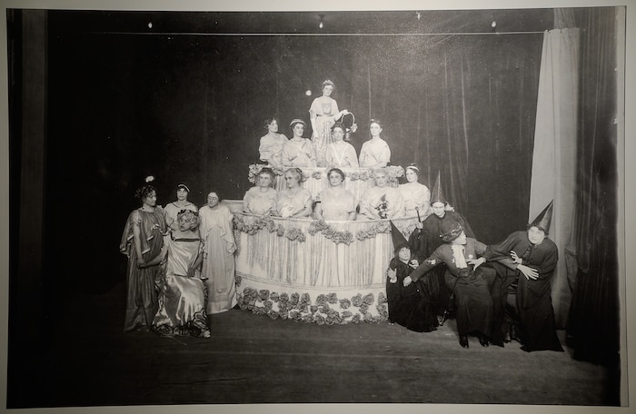 (Francisco Kjolseth  |  The Salt Lake Tribune)  A historic photo documents a birthday comedy and roast on the one year anniversary of the historic Ladies Literary Club House building at 850 E South Temple built in 1913 is on display in the basement of the building. The current owners are seeking a grant to make it ADA accessible for the first time in its 106-year history.