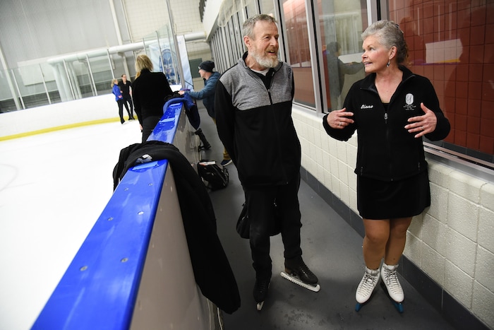 (Francisco Kjolseth  |  The Salt Lake Tribune)  Glen and Diane Gleving, both 65, from Minnesota talk about their love for skating while cooling down following a practice session to work on their couples routine on Wed. April 3, 2019. The pair are just some of the more senior skaters participating in the 2019 U.S. Adult Figure Skating Championships, now in its 25th year, being held at the SLC Sports Complex. Over 600 skaters between 21 and 80 will compete April 3-6.