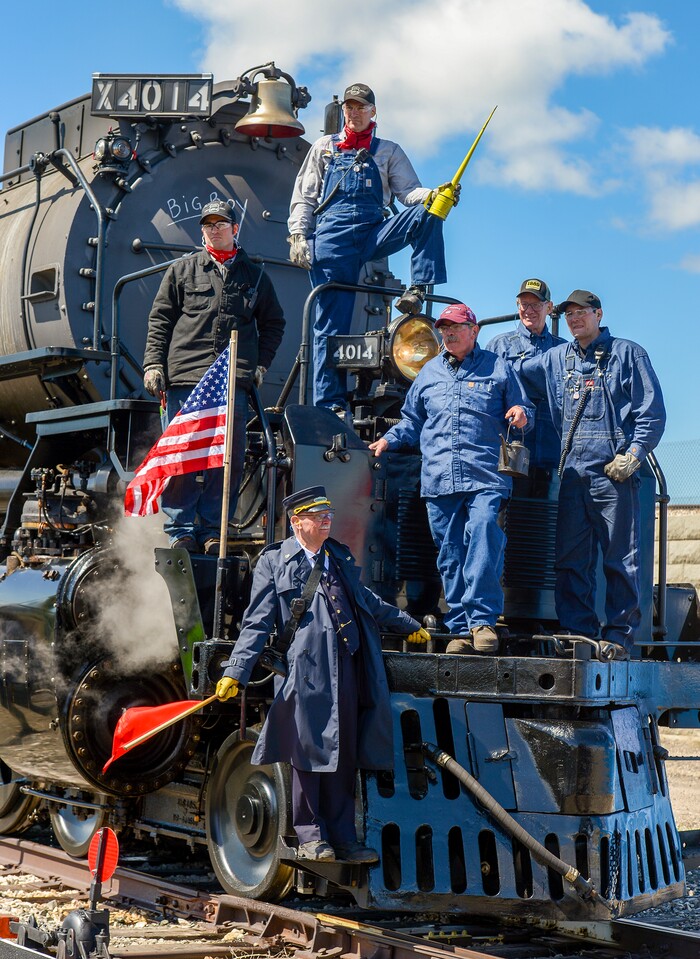 Leah Hogsten  |  The Salt Lake Tribune  Big Boy No. 4014 crew including Jim Leonard, Jimmy Thompson, Ed Dickins, Bruce Kirk and Austin Barker pose for pictures after arriving in Ogden Thursday. In celebration for the 150th anniversary of the transcontinental railroadÕs completion, Union Pacific's iconic steam locomotives, Living Legend No. 844 and Big Boy No. 4014 met at Ogden Union Station, May 9, 2019.
