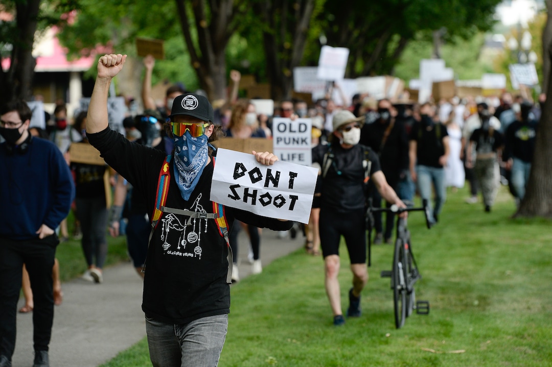 (Francisco Kjolseth  |  The Salt Lake Tribune) Demonstrators protest against police brutality on Tuesday, June 2, 2020, in downtown Salt Lake City, as an 8 p.m. weeklong curfew remains in order.