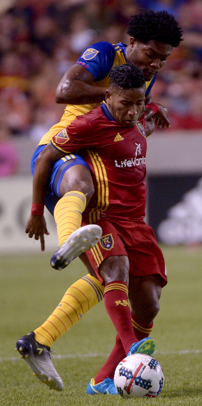 (Leah Hogsten  |  The Salt Lake Tribune) Real Salt Lake forward Joao Plata (10) battles Colorado Rapids defender Mekeil Williams (5).   Real Salt Lake are 2-0 against the Colorado Rapids for the Rocky Mountain Cup at Rio Tinto Stadium, Saturday, August 26, 2017. 