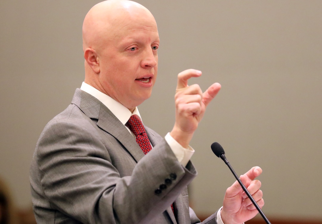Robert P. Harrington, who represents Republican U.S. Rep. Mia Love's lawsuit, speaks in Third District Court Thursday Nov. 15, 2018, in West Jordan, Utah. A Utah judge has reserved a decision on a lawsuit in a tight House race filed by a Republican incumbent who is seeking to halt vote counting in a Democratic-leaning county that's key to the outcome. Judge James Gardner heard arguments Thursday in the lawsuit filed by Love, but ended the hearing without making a ruling. (AP Photo/Rick Bowmer, Pool)