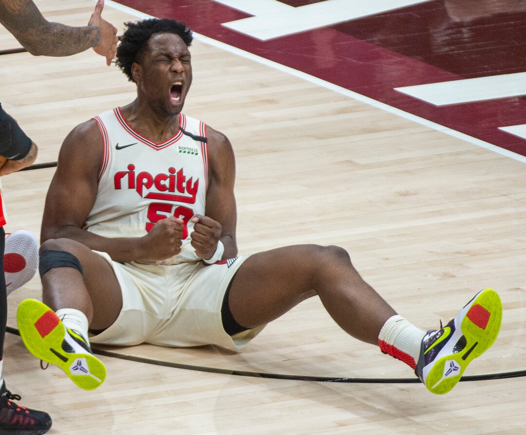(Rick Egan  |  The Salt Lake Tribune)     Portland Trail Blazers forward Caleb Swanigan (50) reacts after drawing a foul, after making contact with Utah Jazz center Rudy Gobert (27), in the Jazz 117-114 win over the Portland Trail Blazers, in NBA action in Salt Lake City, Friday, Feb. 7, 2020.