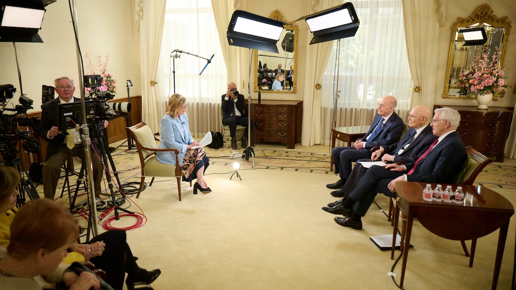 (The Church of Jesus Christ of Latter-day Saints) Members of the new First Presidency — Dallin H. Oaks, Henry B. Eyring and D. Todd Christofferson — speak with award-winning journalist Jane Clayson Johnson in the Relief Society Building in Salt Lake City on Wednesday, Oct. 15, 2025.