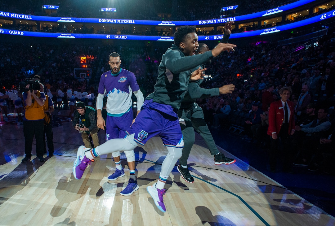 (Rick Egan  |  The Salt Lake Tribune) Utah Jazz guard Donovan Mitchell (45) is introduced before, action between the Utah Jazz and the New York Knicks, in Salt Lake City, Wednesday, Jan. 8, 2020.