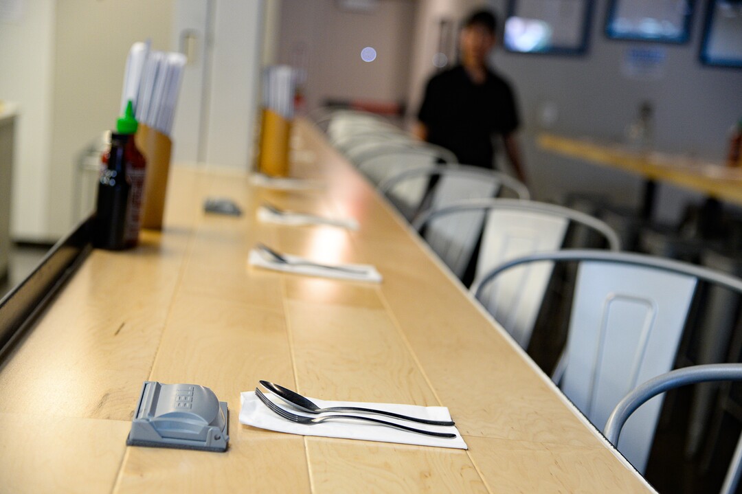 (Francisco Kjolseth  |  The Salt Lake Tribune)  Power outlets are available at the bar seating area with a front row seat to the kitchen visible behind glass at the Angry Korean fusion restaurant in South Jordan.