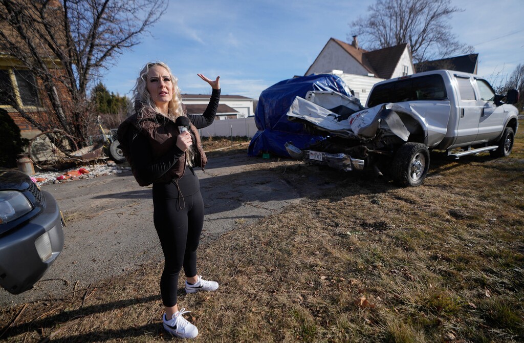 (Francisco Kjolseth  | The Salt Lake Tribune) Chambrey Necaise talks on Friday, Jan. 10, 2025, about a police pursuit that ended with a crash and shootout on the front lawn of her parent’s house at 12509 South and Redwood Road on Jan. 3.