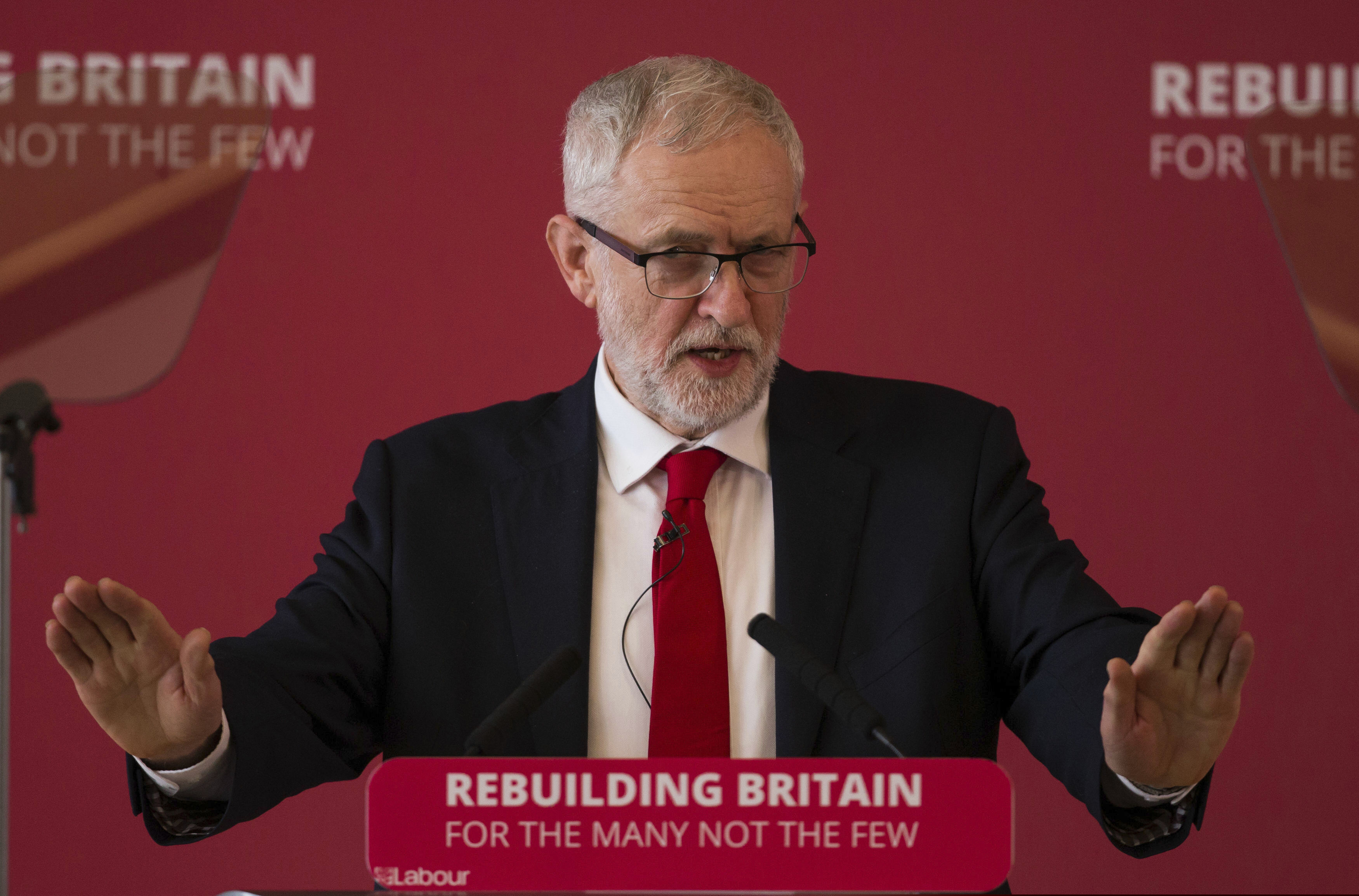 Britain's opposition Labour Party leader Jeremy Corbyn during a speech at a Labour local government conference in Warwick, England, Saturday Feb. 9, 2019. Britain is due to leave the European bloc on March 29. (Aaron Chown/PA via AP)