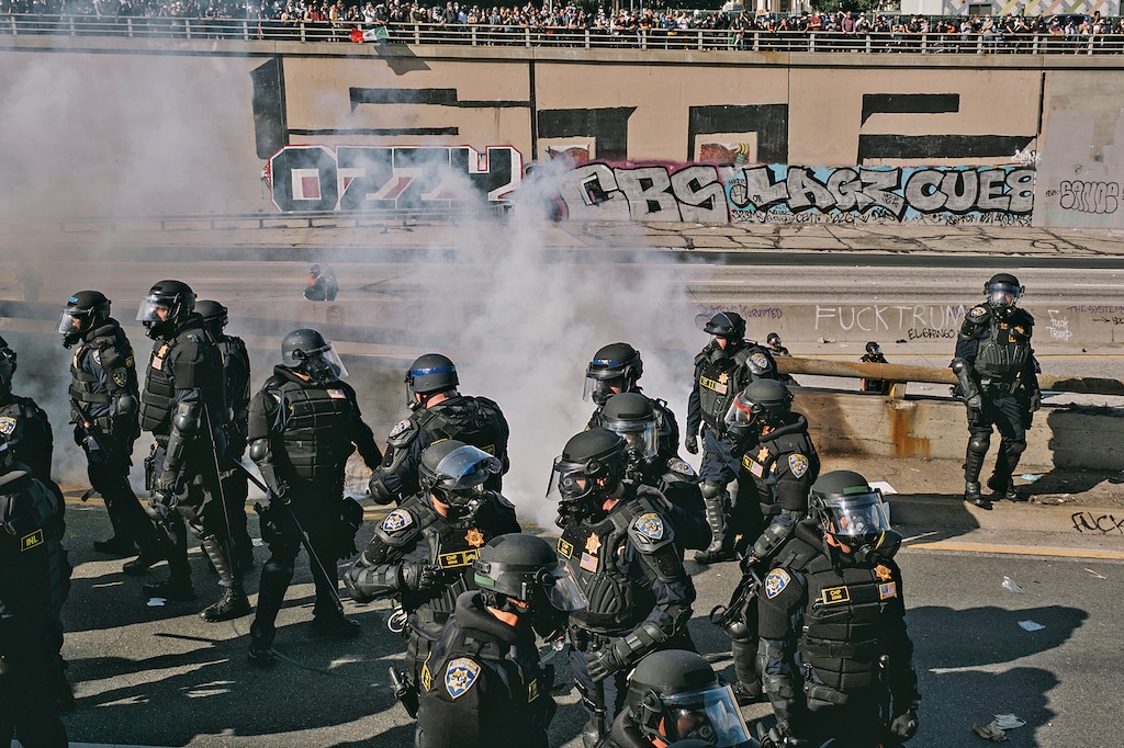 Police clash with protesters who had shut down Highway 101 in Los Angeles on Sunday, June 8, 2025. (Mark Abramson/The New York Times)