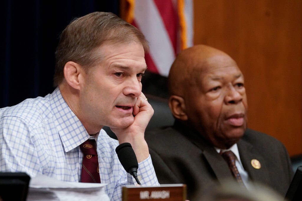 Rep. Jim Jordan of Ohio, the House Oversight and Reform Committee ranking Republican, left, and Chairman Elijah Cummings, D-Md., right, during a committee hearing on Capitol Hill in Washington, Tuesday, Feb. 26, 2019. The committee voted to subpoena Trump administration officials over family separations at the southern border, the first issued in the new Congress as Democrats have promised to hold the administration aggressively to count. The decision by the Oversight Committee will compel the heads of Justice, Homeland Security and Health and Human Services to deliver documents. (AP Photo/J. Scott Applewhite)