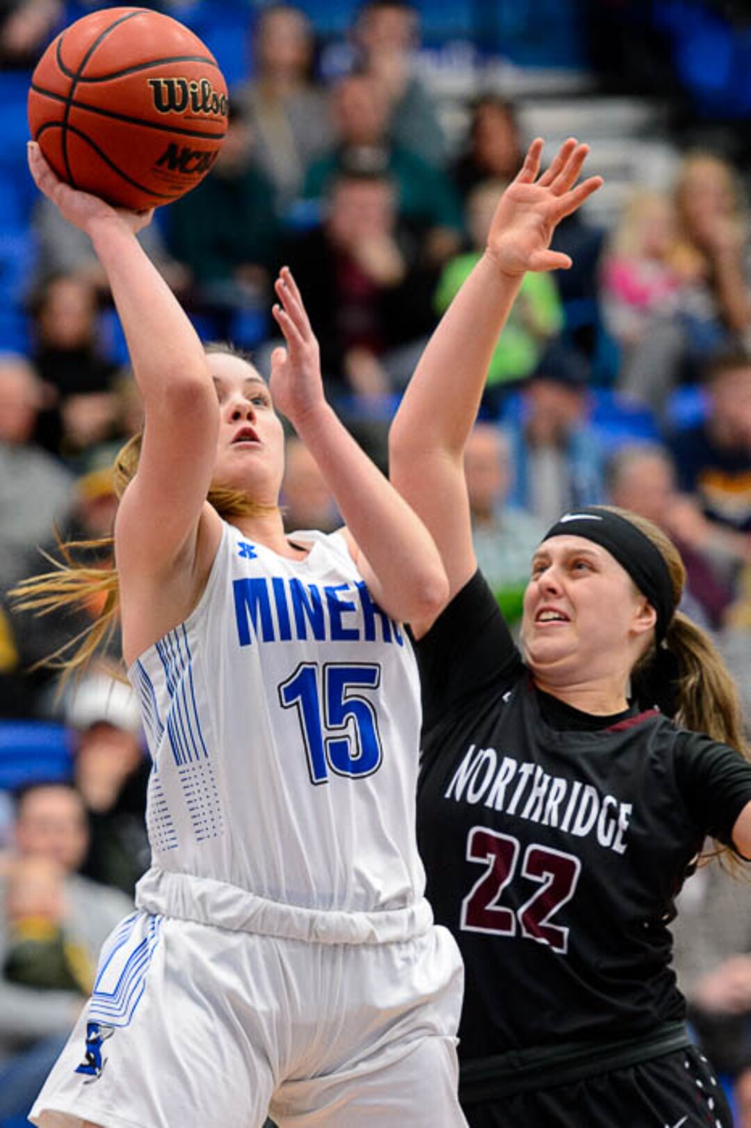 (Trent Nelson | The Salt Lake Tribune)  Bingham's Maggie McCord (15) defended by Northridge's Lydia Mashburn (22) as Bingham faces Northridge in the 6A High School Girls' Basketball Tournament at SLCC in Taylorsville, Thursday Feb. 22, 2018.
