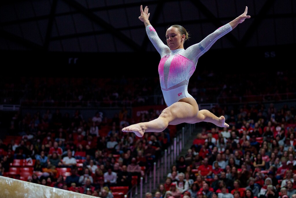 (Trent Nelson  |  The Salt Lake Tribune) Maile O'Keefe scores a 10 on the beam as Utah hosts California, NCAA gymnastics in Salt Lake City on Friday, Feb. 24, 2023.