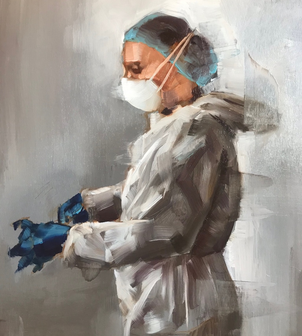 (Image courtesy of Heather Olsen) Riverton artist Heather Olsen's "Getting Ready to Go Into Battle," oil on wood panel, 11 inches by 10 inches, made in response to the coronavirus pandemic.