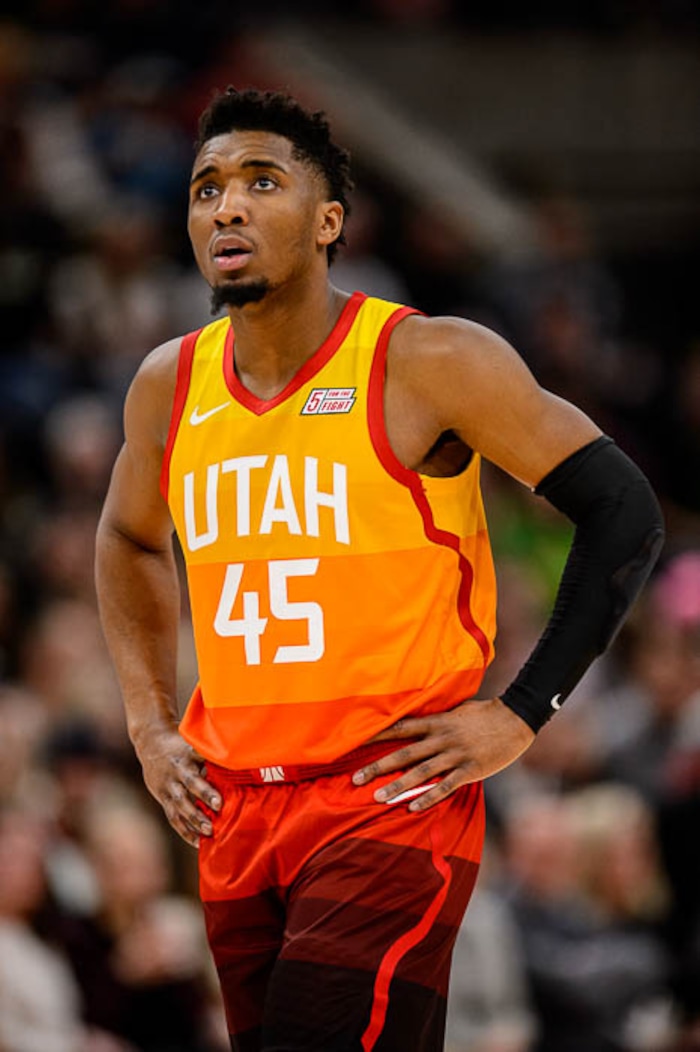 (Trent Nelson | The Salt Lake Tribune)  
Utah Jazz guard Donovan Mitchell (45) as the Utah Jazz host the San Antonio Spurs, NBA basketball in Salt Lake City on Saturday Feb. 9, 2019.