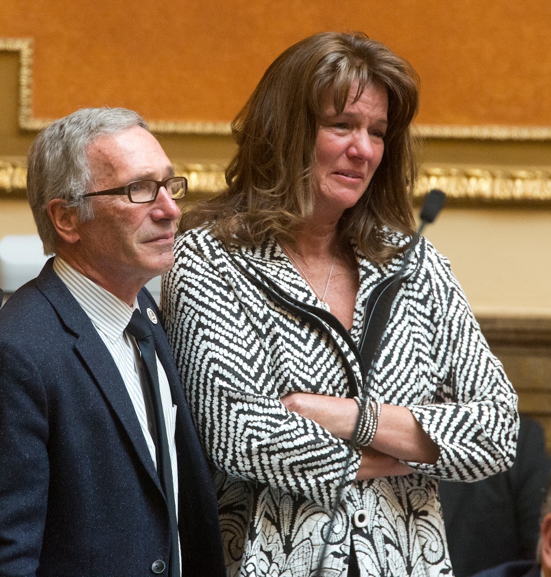 (Rick Egan  |  The Salt Lake Tribune)    Rep. Gage Froerer stands with Laura Warburton, the mother of Hannah Warburton, who took her own life a few year ago, as the they discuss HB 41, which has become known as "Hannah's Bill" on the floor of the House of Representatives, Friday, January 26, 2018.