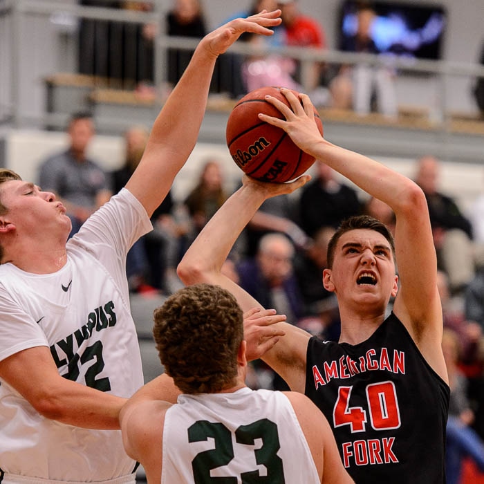 (Trent Nelson | The Salt Lake Tribune)  American Fork's Isaac Johnson as American Fork hosts Olympus in the Utah Elite Eight tournament, Saturday December 9, 2017.