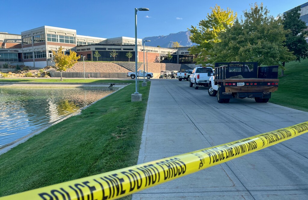 (Jose Davila IV | The Salt Lake Tribune) Police tape blocks access to campus at Utah Valley University in Orem, Thursday, Sept. 11, 2025.