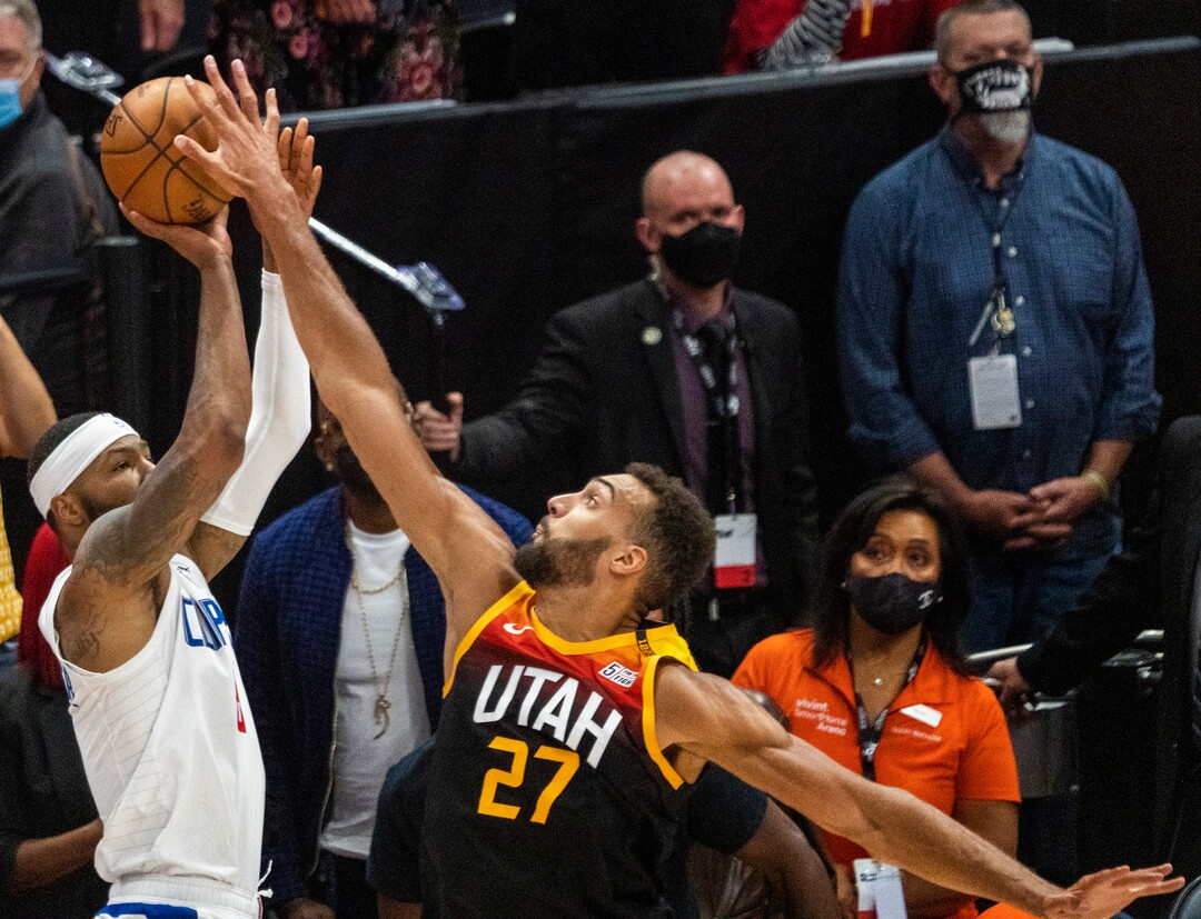(Rick Egan | The Salt Lake Tribune) Utah Jazz center Rudy Gobert (27) blocks a shot by LA Clippers forward Marcus Morris Sr. (8) with seconds left in Game One of the second round of the NBA playoffs at Vivint Arena, on Tuesday, June 8, 2021.