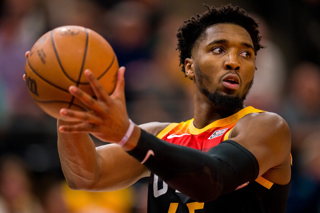 (Trent Nelson  |  The Salt Lake Tribune) Utah Jazz guard Donovan Mitchell (45) as the Utah Jazz host the Oklahoma City Thunder, NBA basketball in Salt Lake City on Wednesday, Oct. 20, 2021.