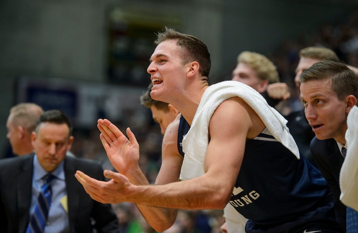 (Steve Griffin  |  The Salt Lake Tribune) The BYU bench gets fired up as the Cougars build a double digit lead against UVU  during basketball game at UCCU Center on the UVU campus in Orem Wednesday November 29, 2017.