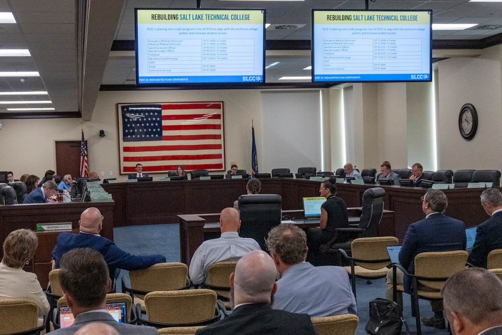 (Rick Egan | The Salt Lake Tribune)  Public colleges and universities present their plans for budget cuts at a hearing of the Higher Education Appropriations Subcommittee at the Capitol on Tuesday, Aug. 19, 2025.