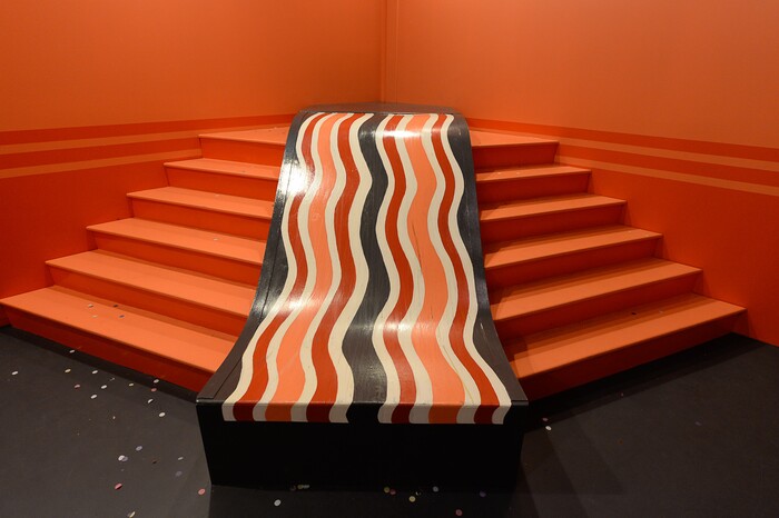 (Francisco Kjolseth  |  The Salt Lake Tribune)  A slide in the bacon room at Hall of Breakfast, a quirky new art exhibit at The Gateway.