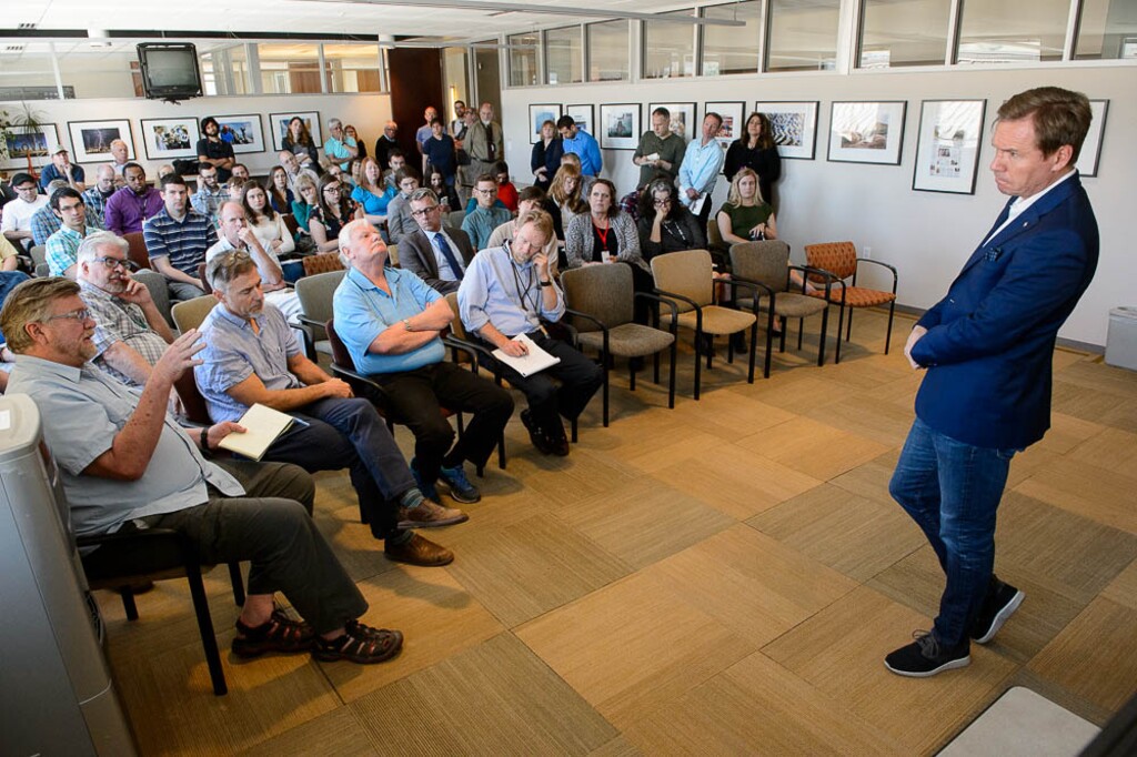 (Trent Nelson | The Salt Lake Tribune) Paul Huntsman, owner of The Salt Lake Tribune, addresses staff members, Tuesday May 8, 2018.
