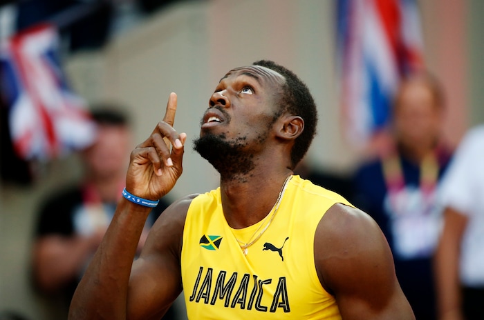 Jamaica's Usain Bolt prepares before a men's 100m semifinal during the World Athletics Championships in London Saturday, Aug. 5, 2017. (AP Photo/Matthias Schrader)