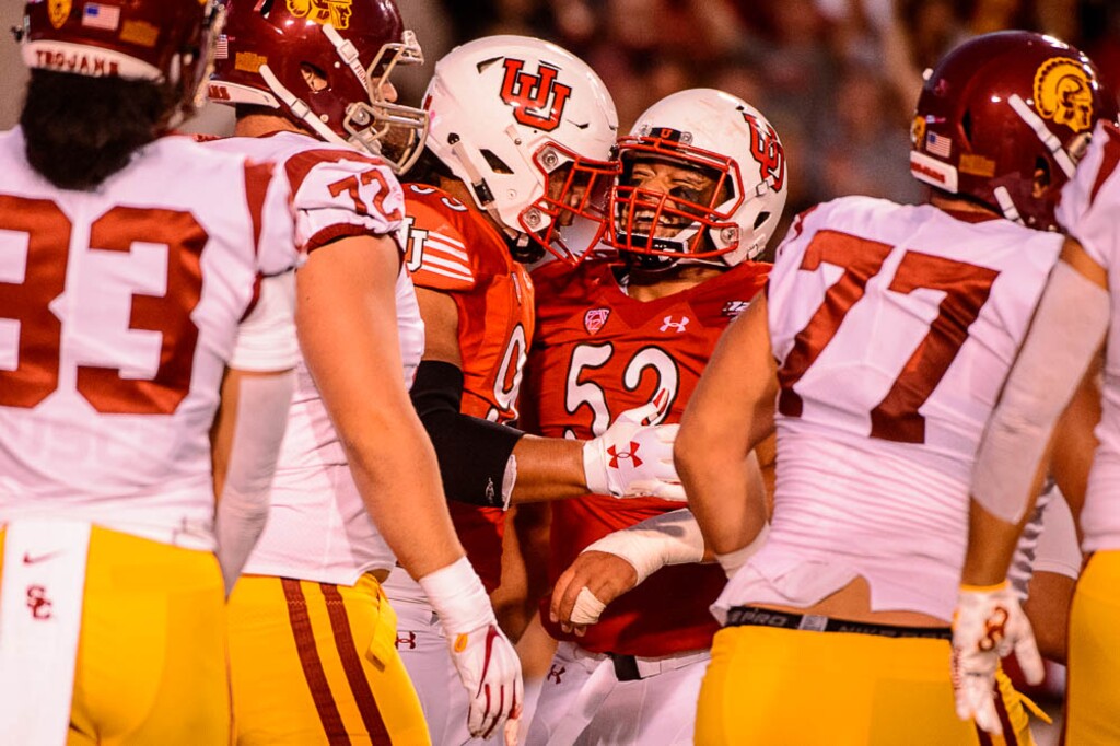 (Trent Nelson | The Salt Lake Tribune)
Utah Utes defensive tackle Leki Fotu (99) and Utah Utes defensive tackle John Penisini (52) celebrate a sack as the Utah Utes host the USC Trojans, NCAA football at Rice-Eccles Stadium in Salt Lake City, Saturday Oct. 20, 2018.