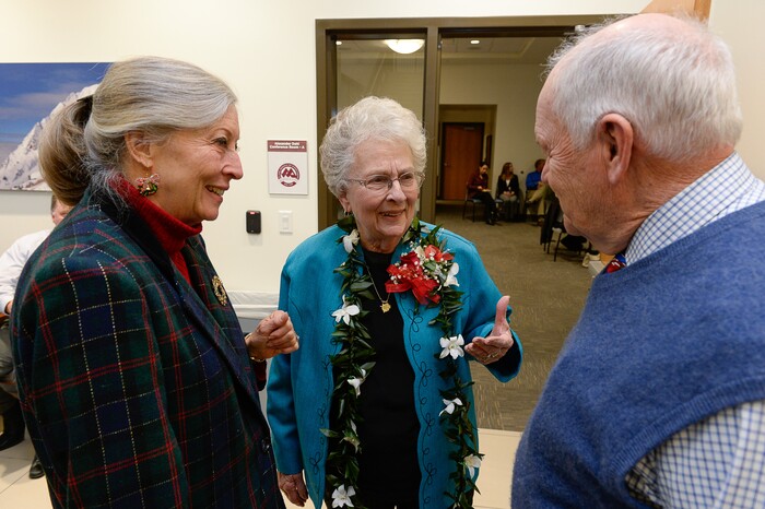 (Francisco Kjolseth  |  The Salt Lake Tribune)  As Midvale Mayor JoAnn Seghini, center, heads into her retirement the city hosts a reception in her honor at Midvale City Hall on Thursday, Dec. 14, 2017, as she speaks with Mayor elect Robert Hale and his wife Susan. 